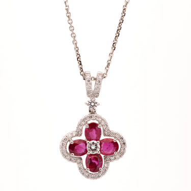 Ruby Diamond Halo Clover Pendant Necklace